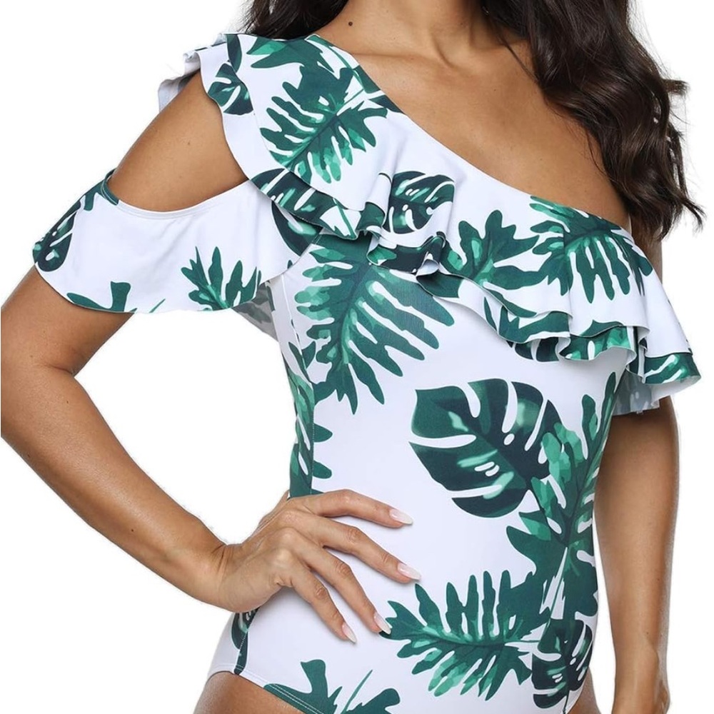 One-Shoulder Leaf Print Swimsuit
